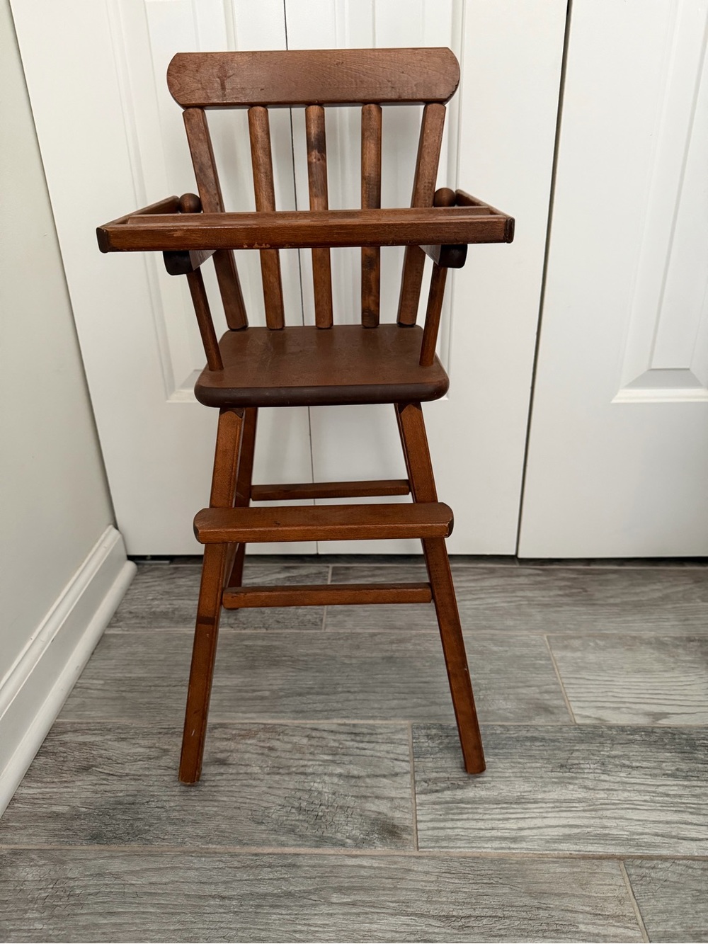 Vintage Wooden Brown Kids Size Doll High Chair - Classic Doll Accessory